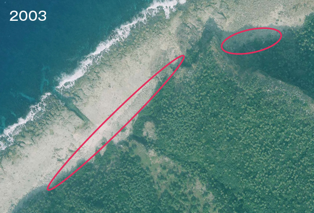 Changes around the inlet on the western side of the island.　2003